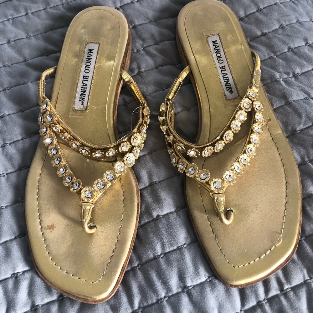 Manolo Blahnik gold flip flops